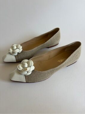 Chanel Tweed Beige and White Camellia Pointed Toe Flats